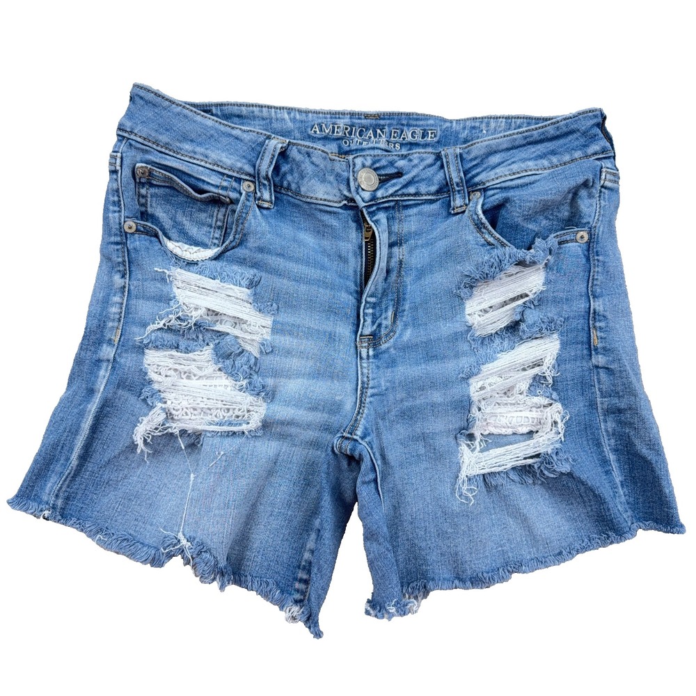 American Eagle Shorts Women 14 Midi Cut Off Mid Rise Med Wash Distressed